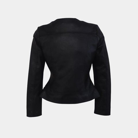 Women Round Necked Black Leather Jacket
