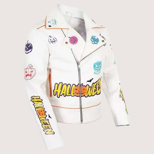 Halloween White Leather Biker Jacket