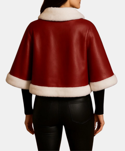 Christmas Women’s Leather Jacket Cape: Red White Santa Style Handmade Jacket