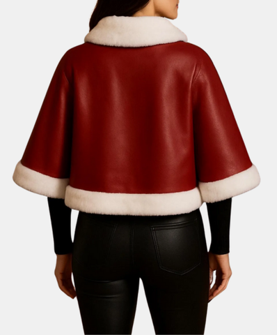 Christmas Women’s Leather Jacket Cape: Red White Santa Style Handmade Jacket