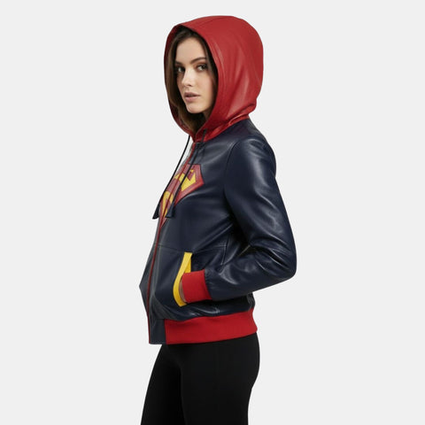 Leather Clan Women's Super Girl Red Blue Faux Leather Hooded Bomber Jacket