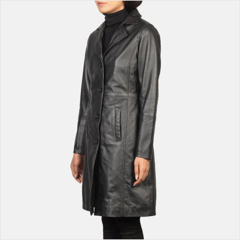 Alexis Black Single Breasted Leather Coat