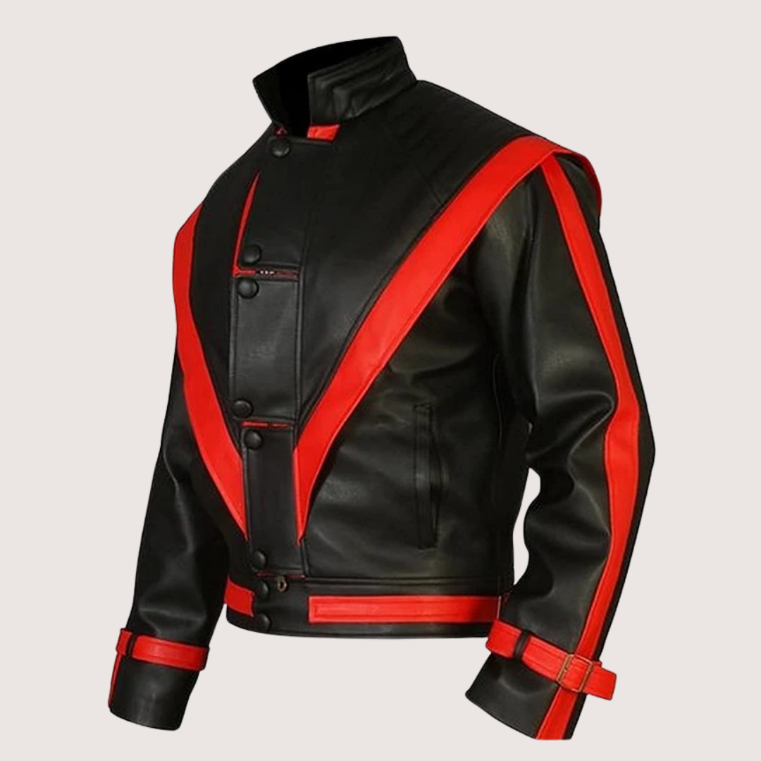 Michael Jackson Red Stripe Black Leather Jacket