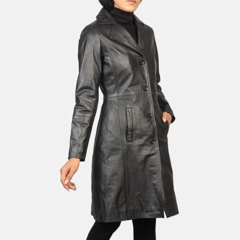 Alexis Black Single Breasted Leather Coat