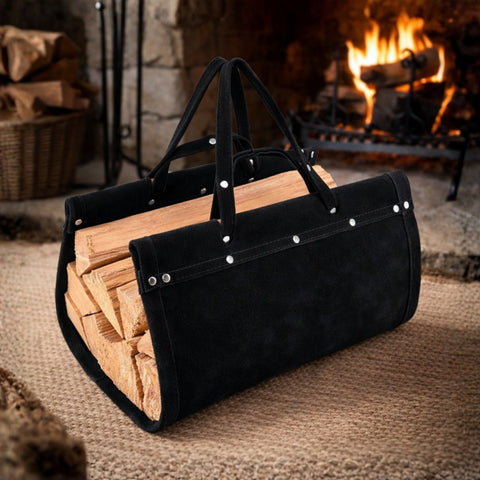 Premium Suede Leather Firewood Log Carrier
