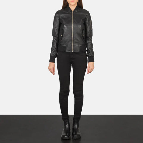 Ava MA-1 Black Leather Bomber Jacket