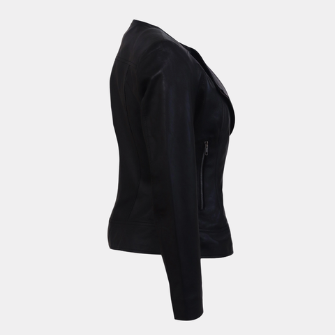 Women Round Necked Black Leather Jacket