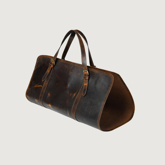 Full-Grain Brown Leather Firewood Log Carrier