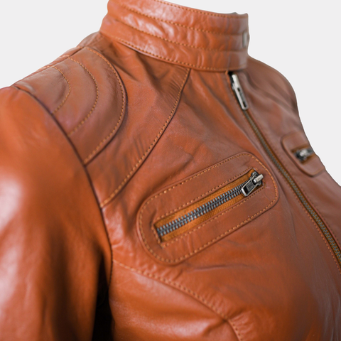 Women Classic Motorcycle Brown Leather Jacket
