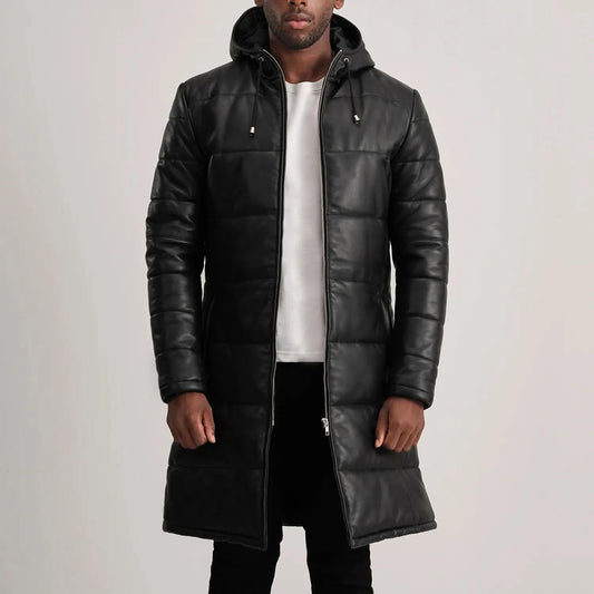 Floyd Black Hooded Leather Puffer Coat - Leather Clan