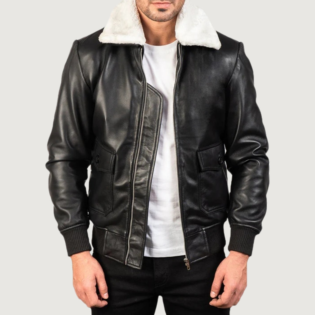 Airin G-1 Black & White Leather Bomber Jacket