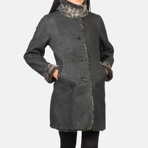 Erica Shearling Black Leather Coat