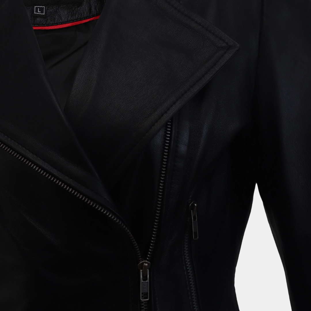 Women Round Necked Black Leather Jacket