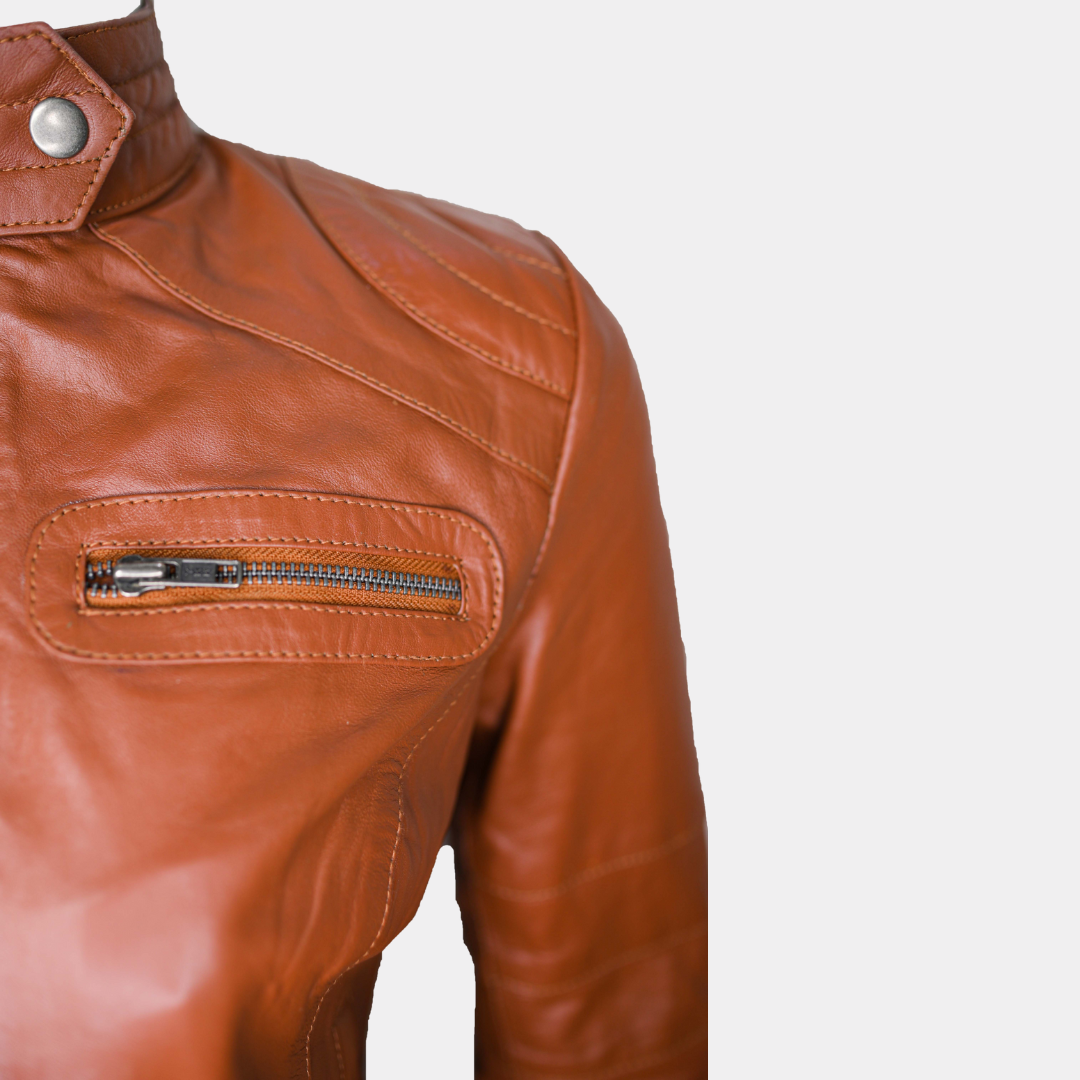 Women Classic Motorcycle Brown Leather Jacket