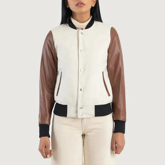 Savant White & Brown Hybrid Varsity Jacket - Leather Clan