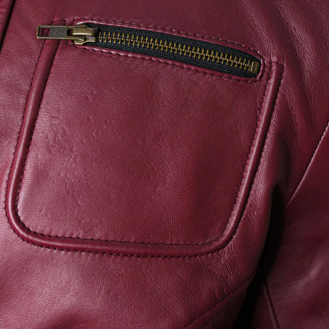 Jade Mens Maroon Zip-Up Bomber Leather Jacket