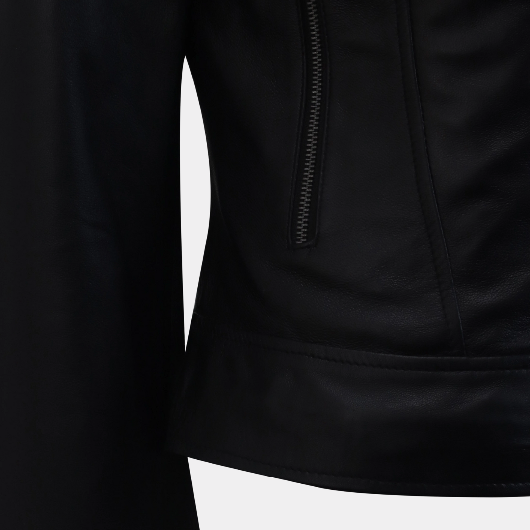 Women Round Necked Black Leather Jacket