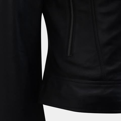 Women Round Necked Black Leather Jacket