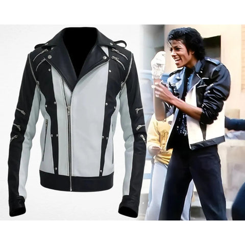 Michael Jackson Pepsi Punk Rock Style Black and White Leather Biker Jacket