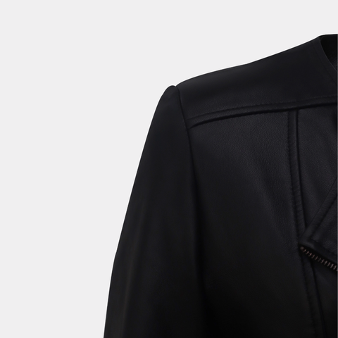 Women Round Necked Black Leather Jacket