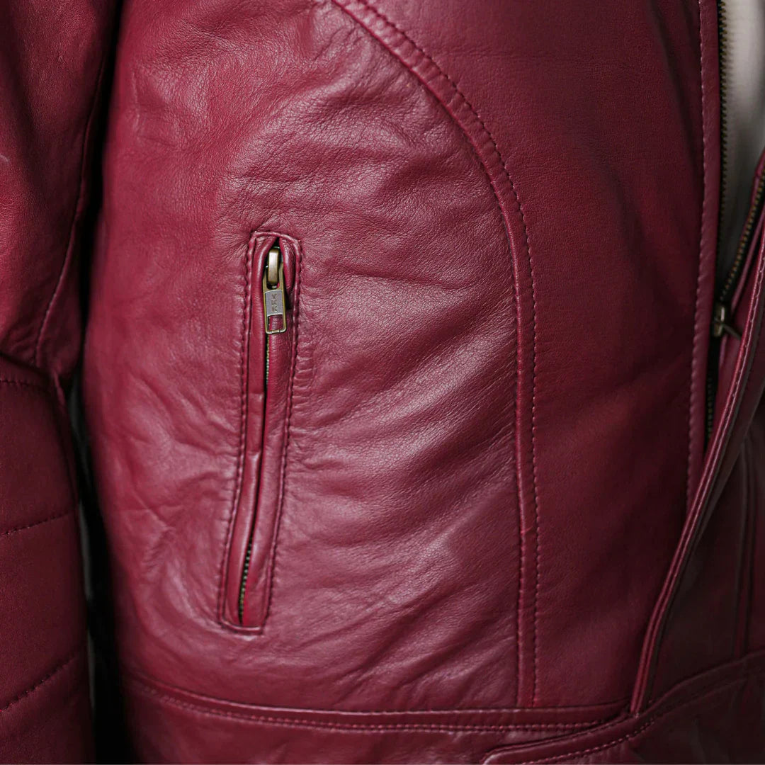 Jade Mens Maroon Zip-Up Bomber Leather Jacket