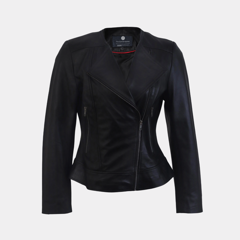 Women Round Necked Black Leather Jacket