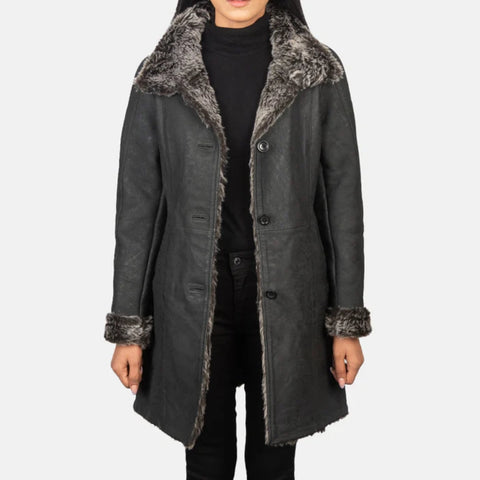 Erica Shearling Black Leather Coat