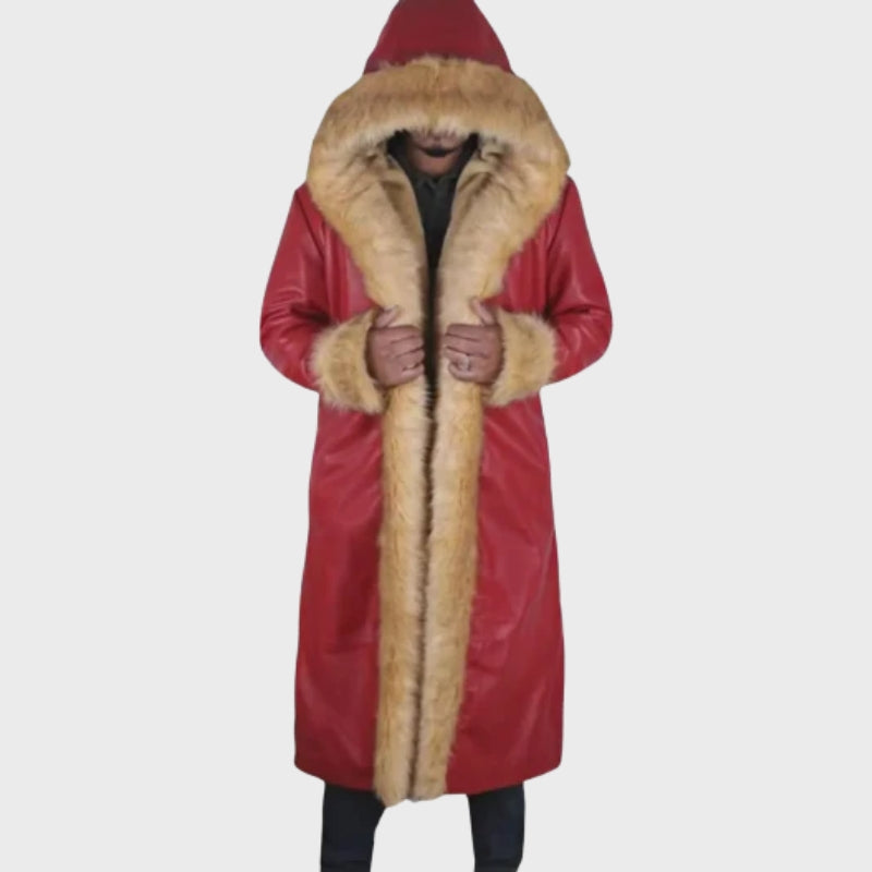 Handmade Santa Leather Coat: Red Christmas Trench with Faux Fur Trim