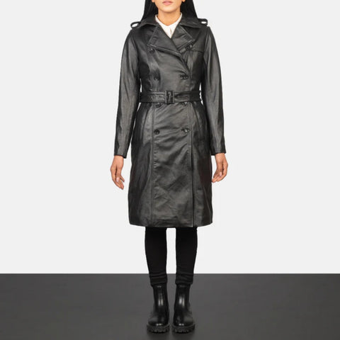 Alice Black Double Breasted Leather Coat