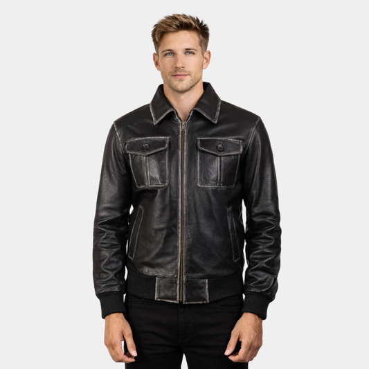 Aaron Black Leather Bomber Jacket