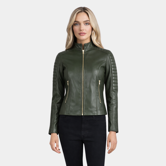 Adalyn Quilted Green Leather Biker Jacket - Leather Clan