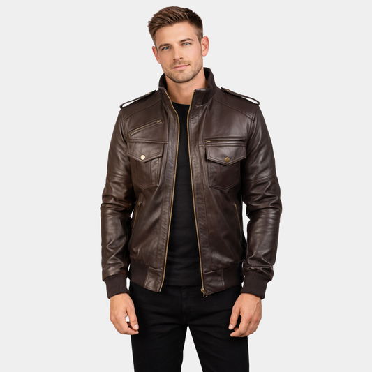 Agent Shadow Brown Leather Bomber Jacket