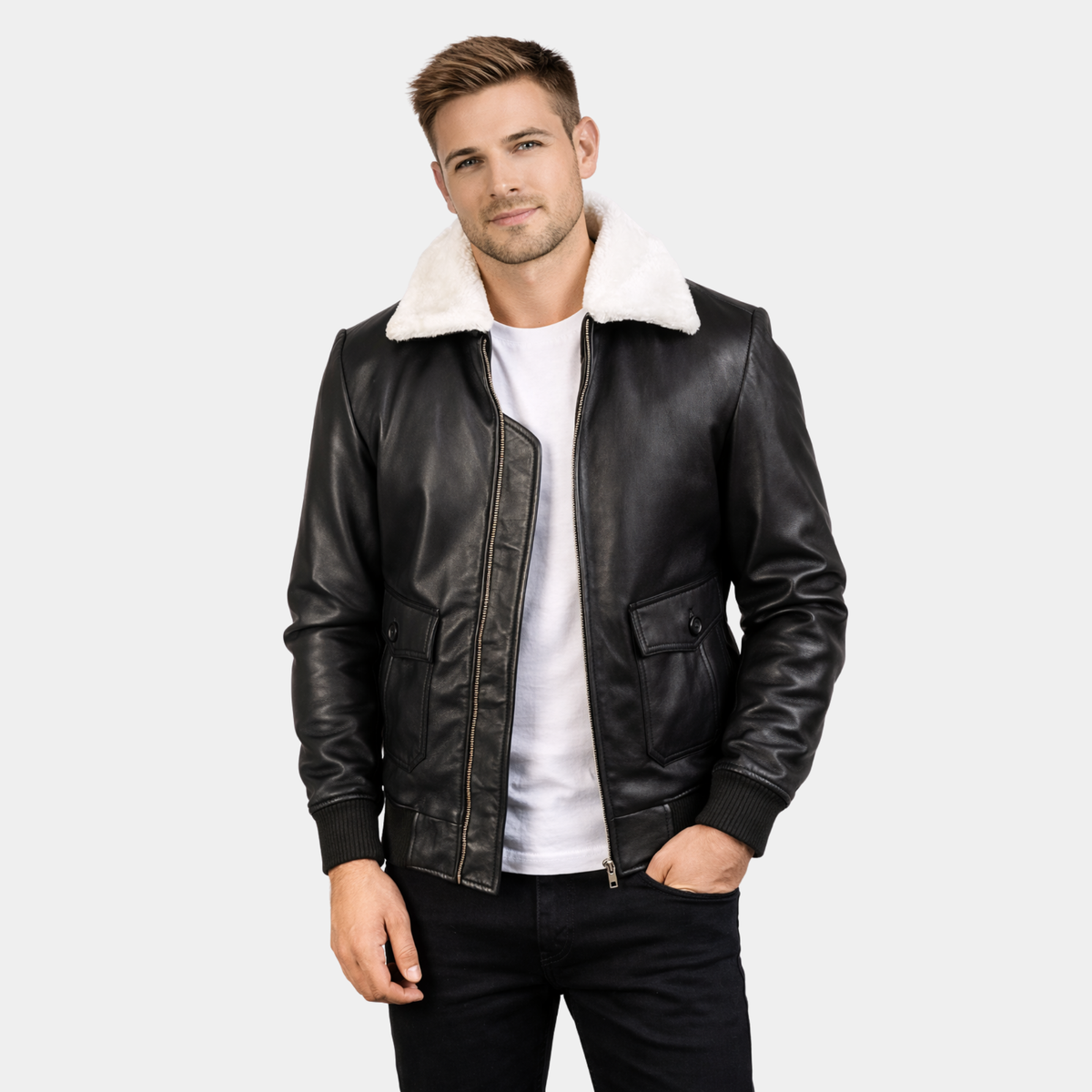 Airin G-1 Black & White Leather Bomber Jacket