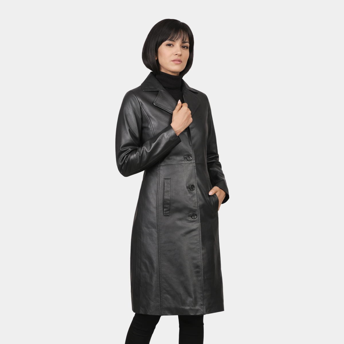 Alexis Black Single Breasted Leather Coat - Leather Clan