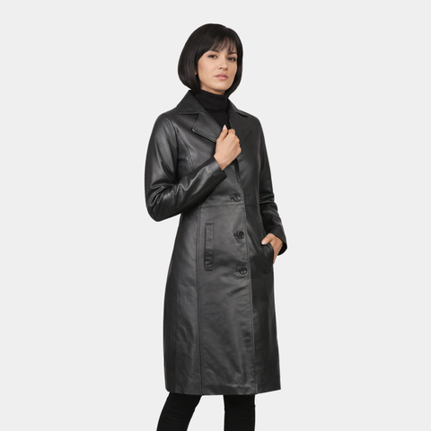 Alexis Black Single Breasted Leather Coat - Leather Clan