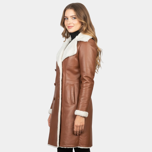 Amie Brown Double Breasted Shearling Coat - Leather Clan