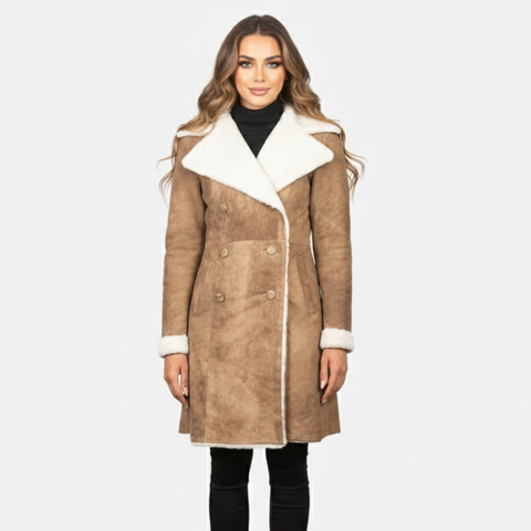 Amie Distressed Brown Double Breasted Shearling Coat - Leather Clan
