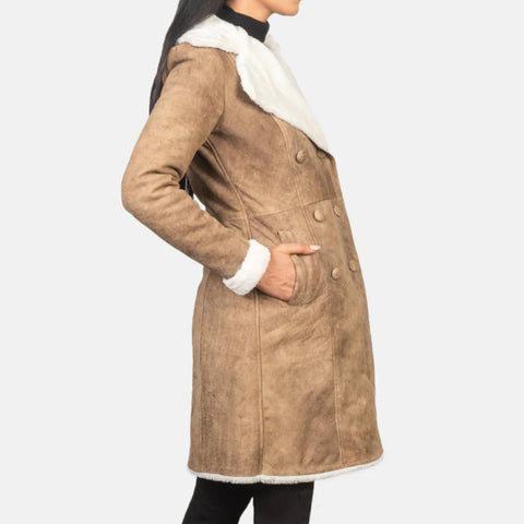 Amie Distressed Brown Double Breasted Shearling Coat