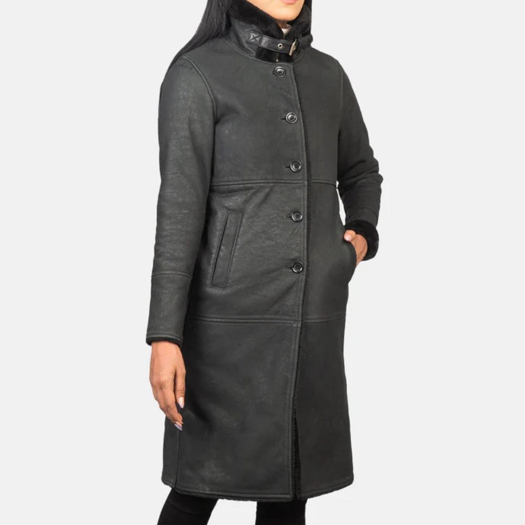 Alina Shearling Black Leather Coat