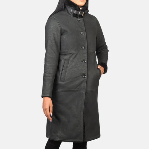 Alina Shearling Black Leather Coat