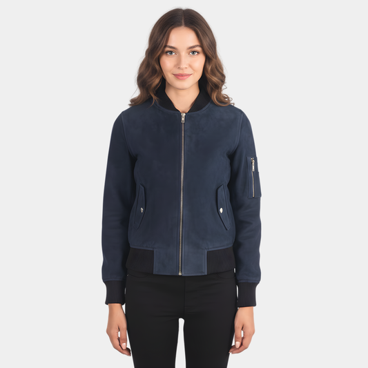 Ava Ma-1 Blue Suede Bomber Jacket - Leather Clan