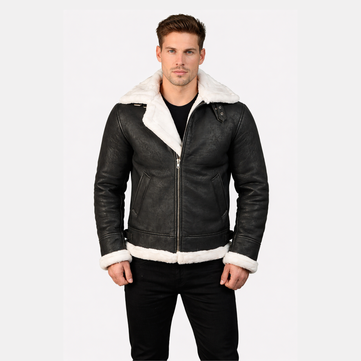 B-3 Distressed Black Leather Bomber Jacket