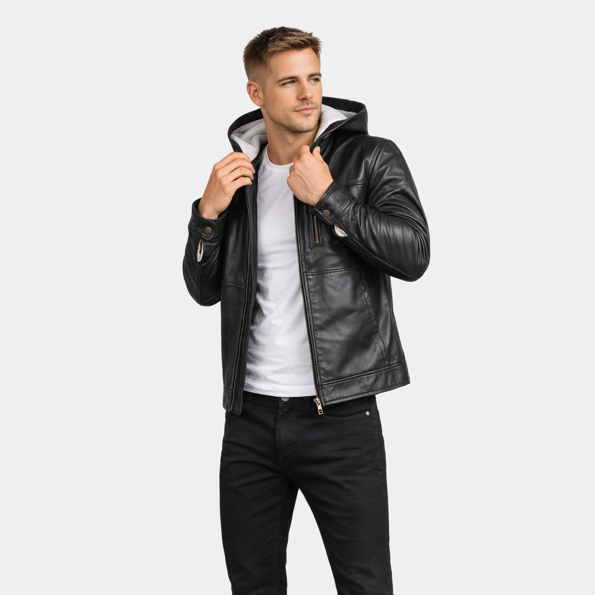 Baston Black Hooded Leather Bomber Jacket - Leather Clan