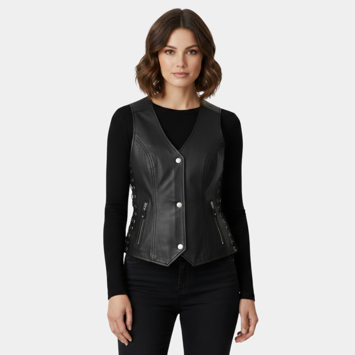 Black Lambskin Side Lace Biker Vest