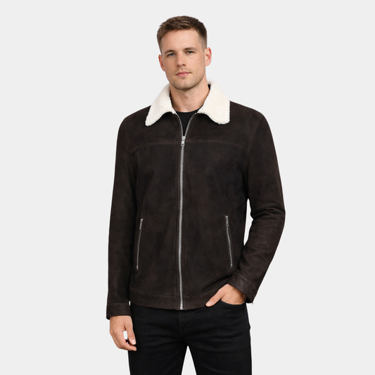 Black Shearling Suede Bomber Jacket