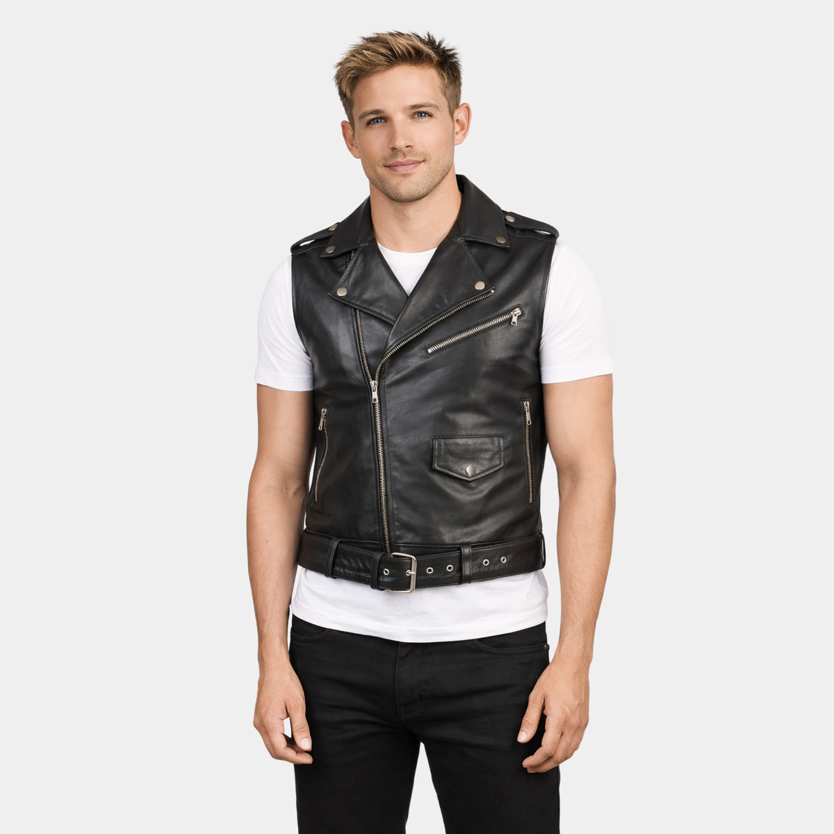 Black Leather Biker Vest - Waist Belt
