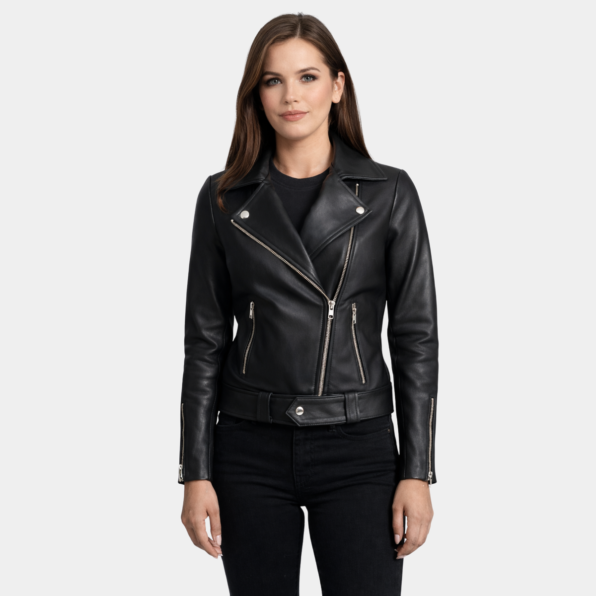Black Sheepskin Leather Women Zipper Jacket