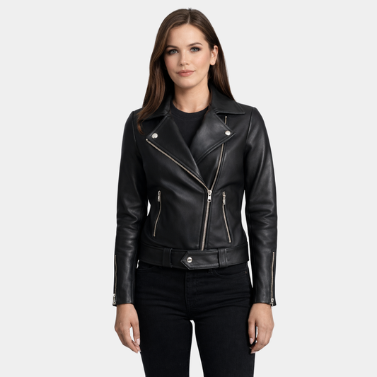 Black Sheepskin Leather Women Zipper Jacket