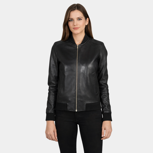 Bliss Black Leather Bomber Jacket - Leather Clan