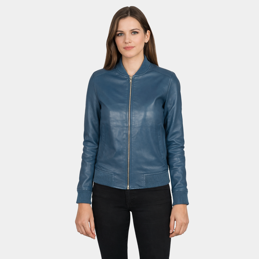Bliss Blue Leather Bomber Jacket - Leather Clan